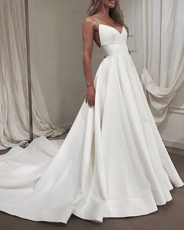 Spaghetti Straps V-neck Empire Satin Wedding Dresses Tiered Wedding Dress