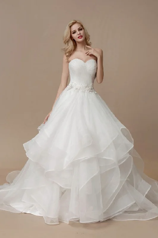 A Line Court Train Sweetheart Sleeveless Ruffles Wedding Dresses Floral Wedding Gown