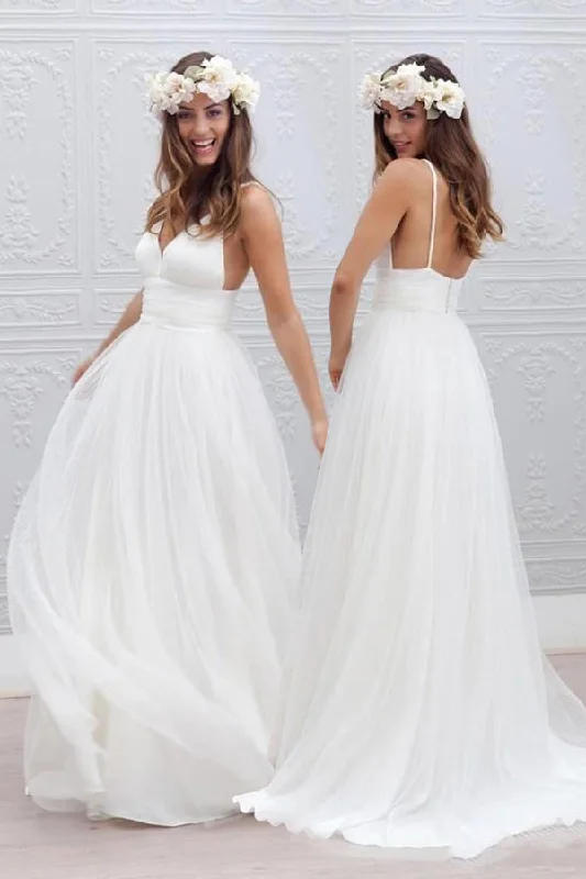 Spaghetti Straps Backless Chiffon Tulle Long Wedding Dress Full Skirt Gown