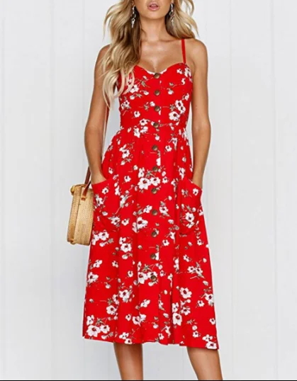 Red Summer Ladies Casual Beach Dress Midi Button Backless Women Dress Best midi dresses for tall women