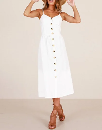 WHite Summer Ladies Casual Beach Dress Midi Button Backless Women Dress Affordable midi dresses