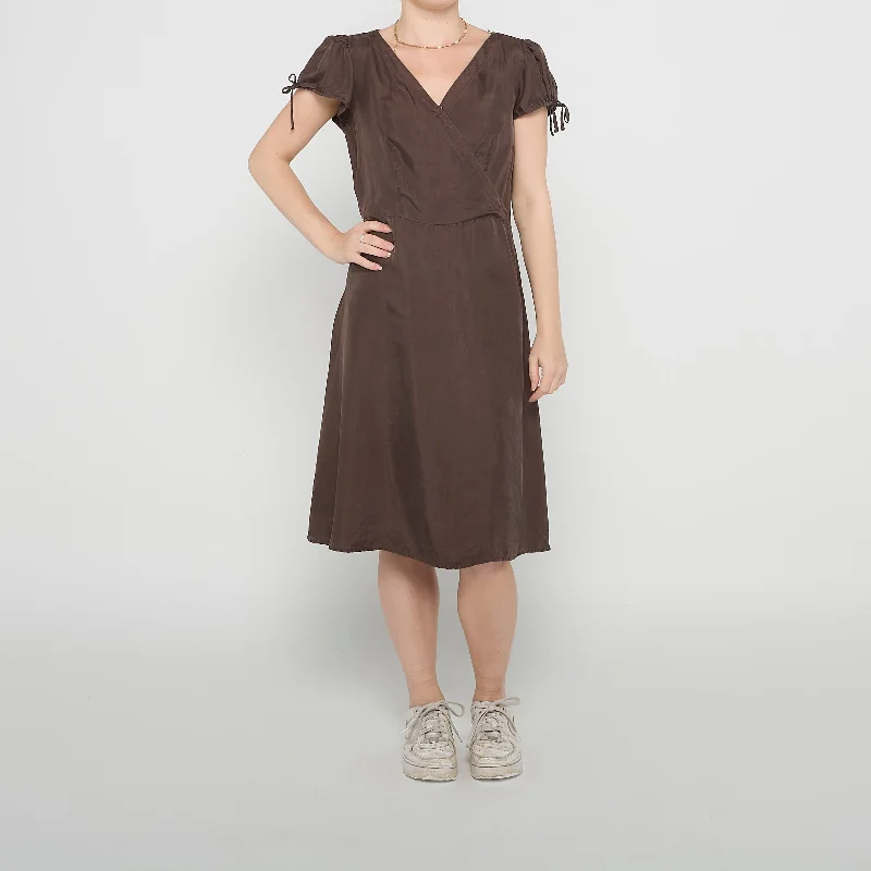 Blunauta V Neck Tie Bow Sleeve Midi Dress - UK 12 Denim midi dresses