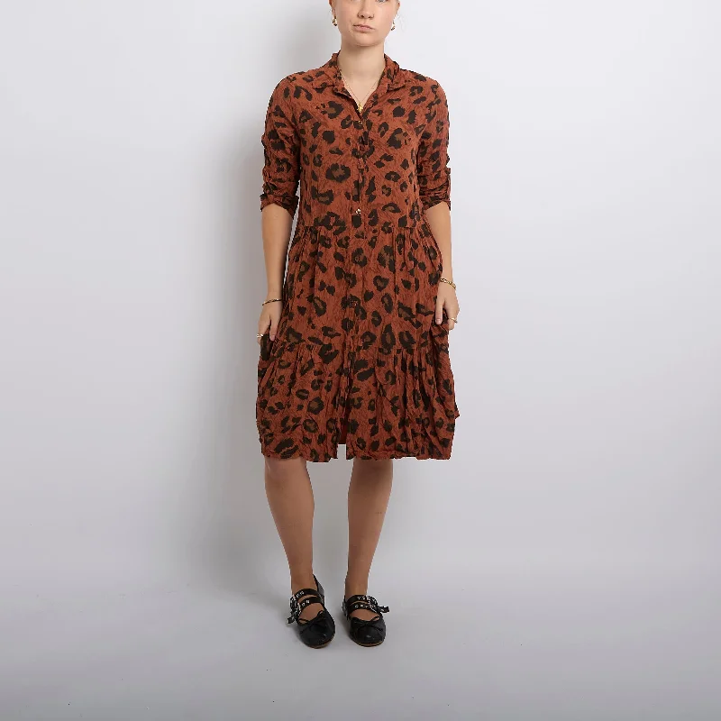 Leopard Print Tiered Shirt Midi Dress-UK 10 Stretchy midi dresses