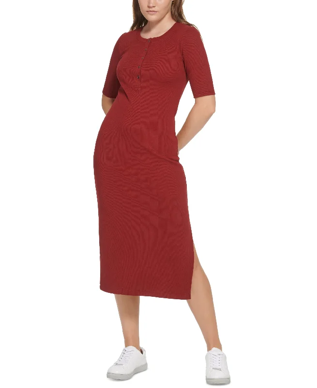 Petite Ribbed Side-Slit Midi Dress Casual midi dresses