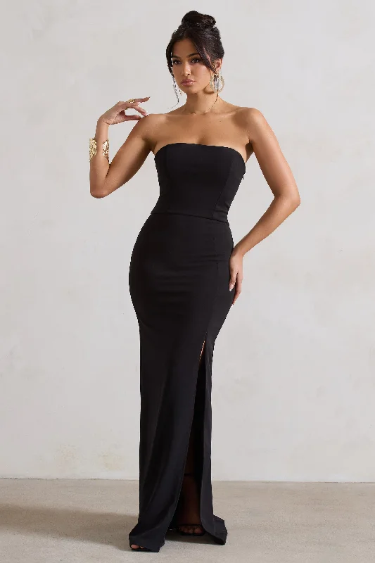 Belle of The Ball | Black Bandeau Maxi Dress With Split Hem Best maxi dresses for summer vacation