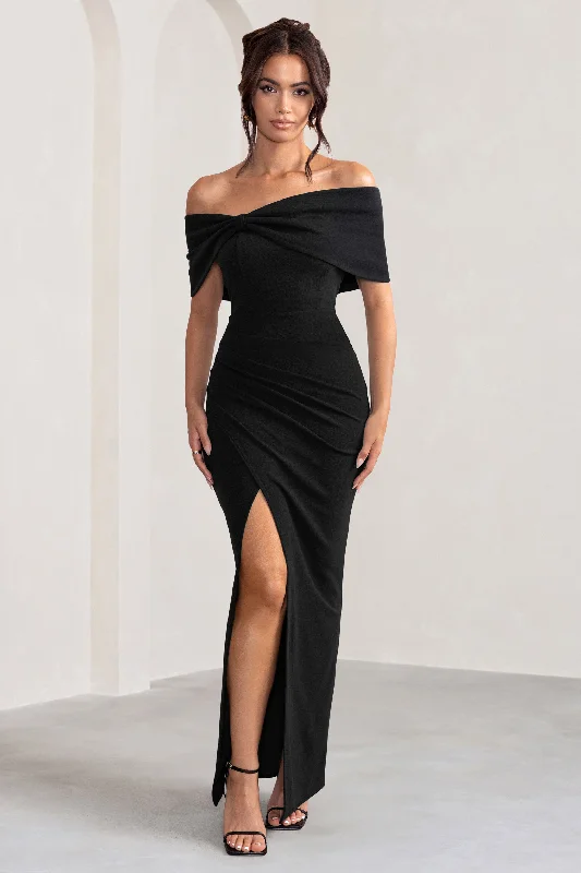 Eva | Black Bardot Bow Detail Maxi Dress With Thigh Split H&M maxi dresses