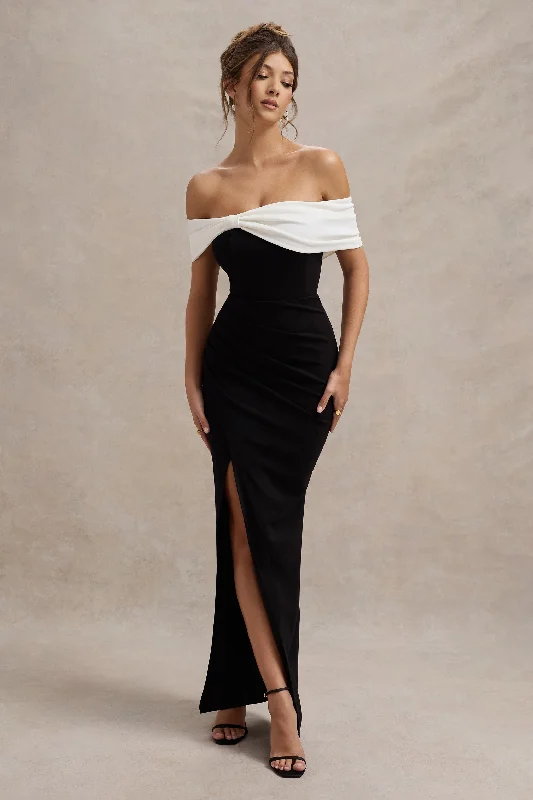 Eva | Black & White Bardot Bow Detail Maxi Dress With Thigh Split High-end maxi dresses