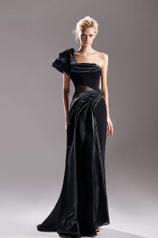 Asymmetric neckline one shoulder pleated gown Metallic unclassified dresses