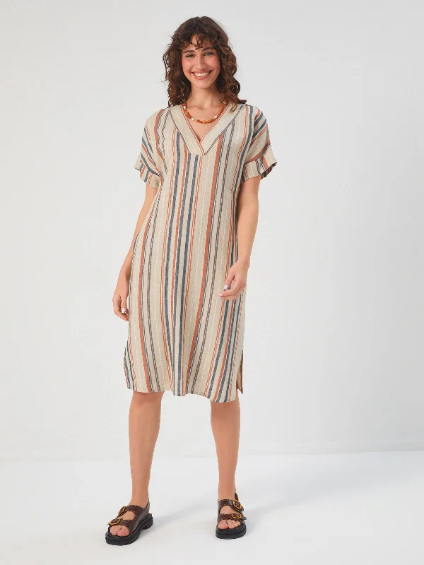 Beige Striped V-neck Linen Blend Dress 68271 Satin unclassified dresses