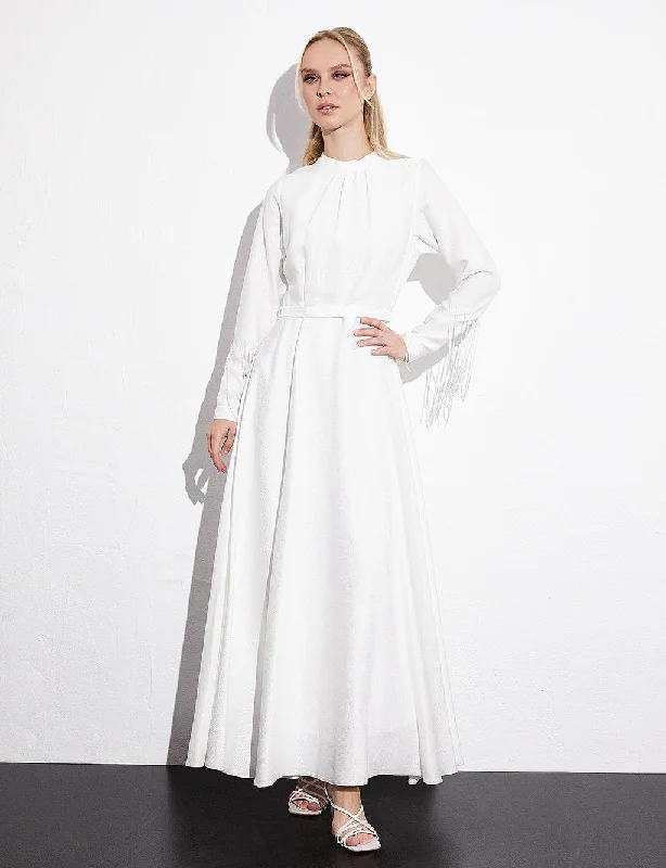 Belted Ecru Dress with Bead Detail on Wrists Neutral tone unclassified dresses