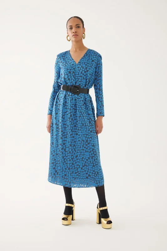 Black and Petrol Blue Glossy V-neck Dress with Belt Floral unclassified dresses