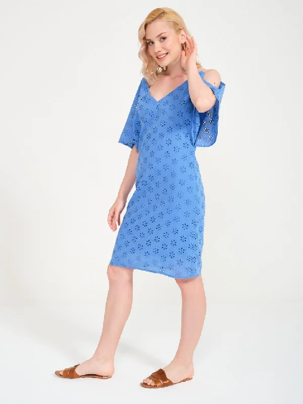 Blue Casual Cut Strap Dress with Scallops and Shoulder Decollete Flowy unclassified dresses