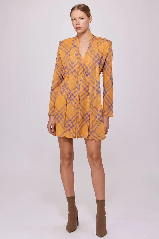 Checkered Shawl Collar Dress Yellow Tiered unclassified dresses