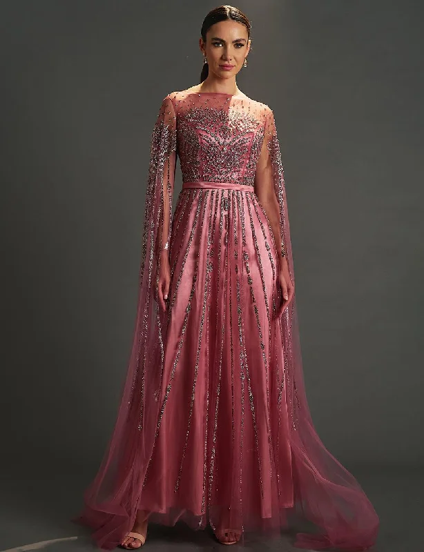 Embroidered Boat Neck Evening Dress Dusty Rose Luxury unclassified dresses