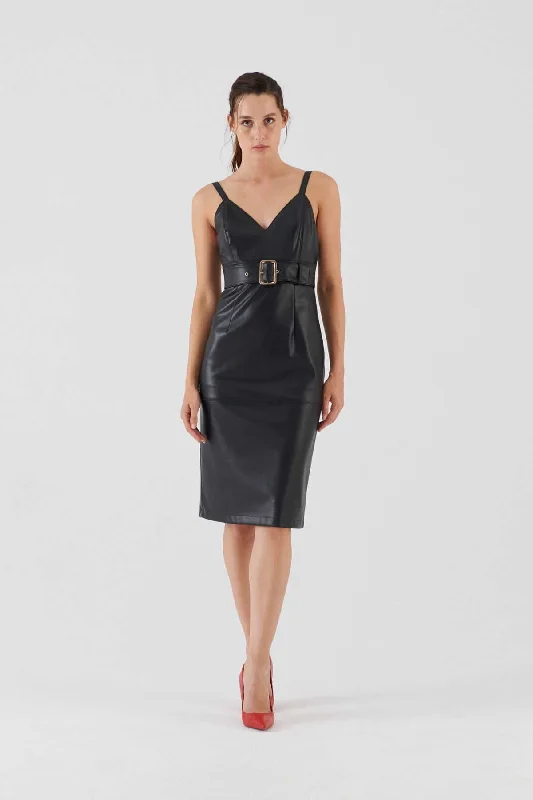 Faux Leather Dress with Belt Black Long unclassified dresses