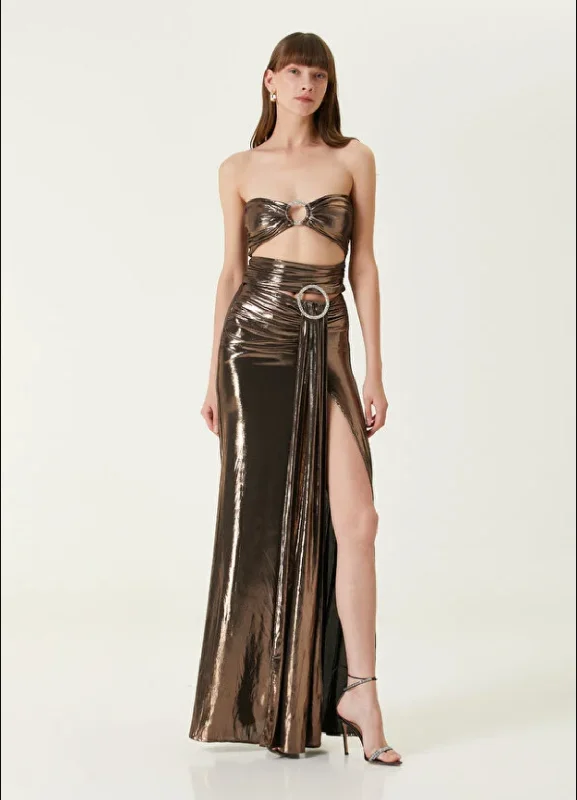 Hera Brown Strapless Dress with Deep Front Slits Soft fabric unclassified dresses