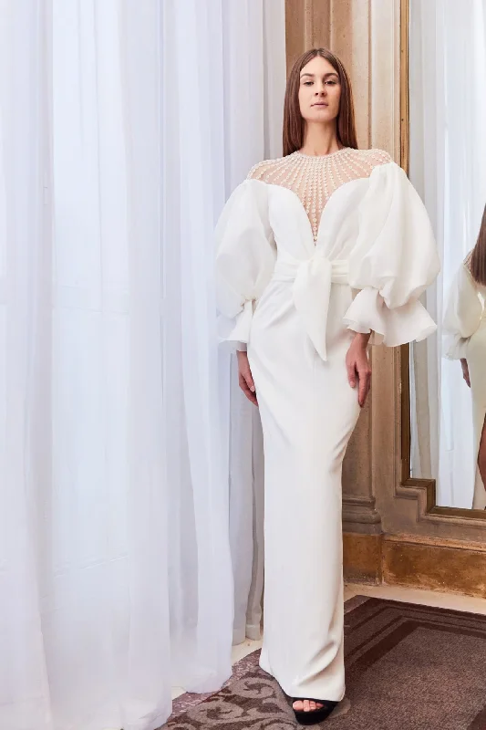Horizontally beaded neckline puff sleeves organza dress Flowy unclassified dresses