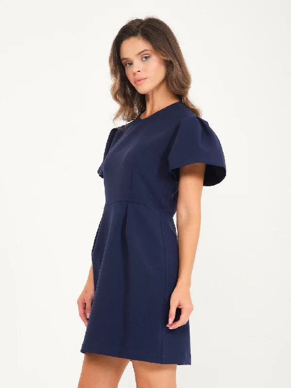 Navy Blue Balloon Sleeve Pleat Detailed Dress High-low unclassified dresses