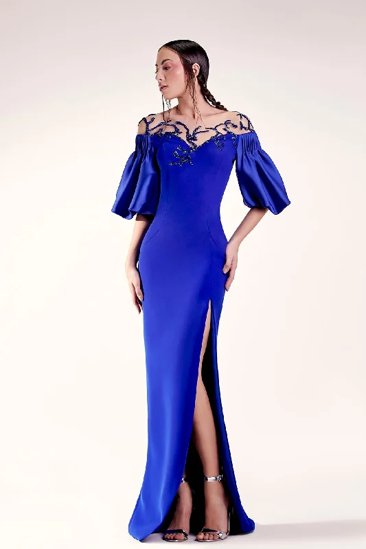 Puff sleeves beaded neckline column dress Casual unclassified dresses
