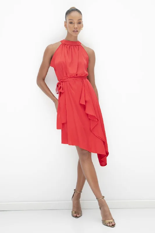 Red Asymmetrical Hem Detail Satin Dress High-low unclassified dresses