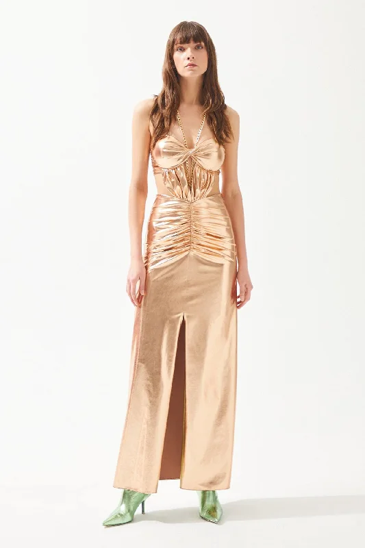 Rose Gold Shiny Neck Chain Strap Slit Dress Ruffled unclassified dresses