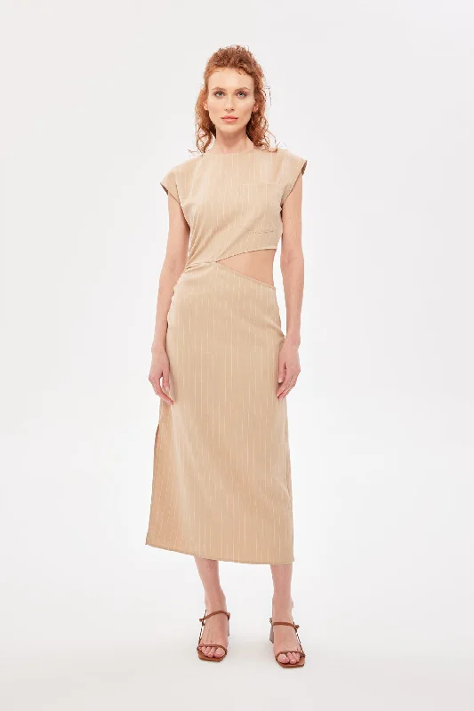 Striped Dress with Waist Detail Beige Mesh unclassified dresses