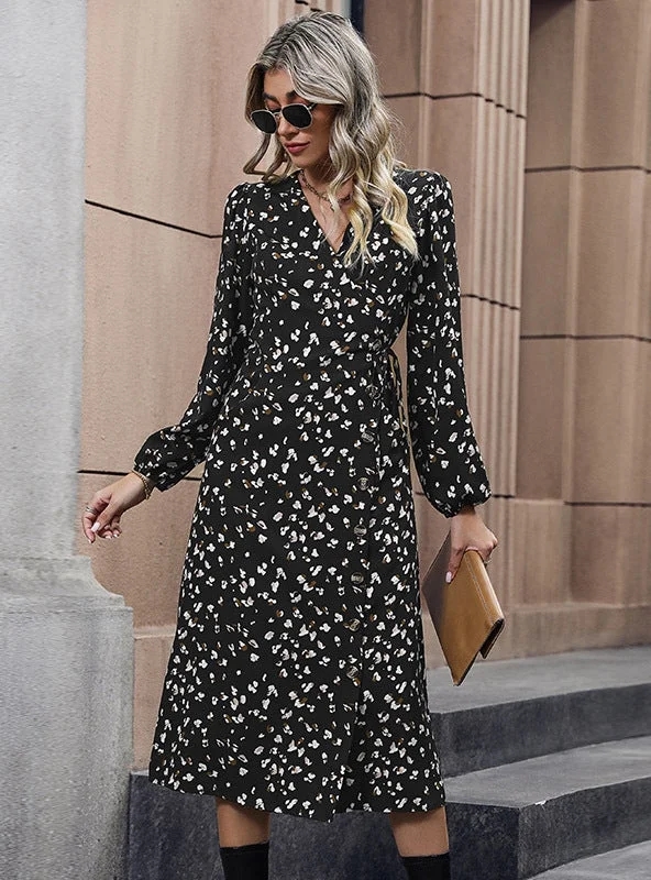 Black Printed V-neck Long Sleeve Dress Silk floral dresses