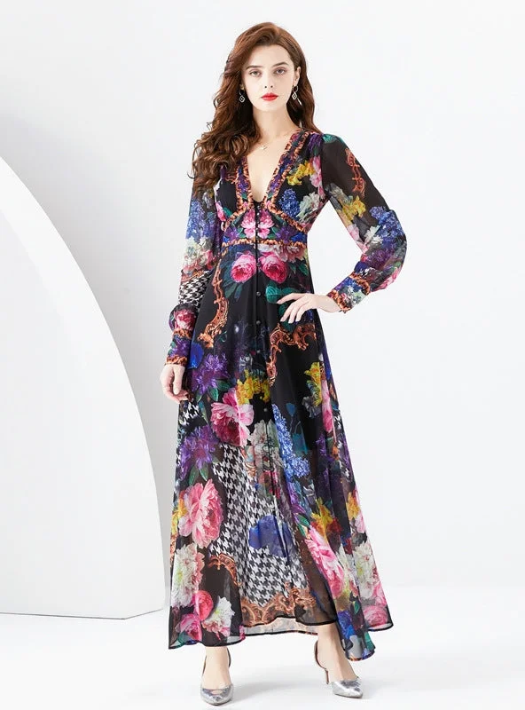 Chiffon Gauze Printed Long Sleeve Dress Budget-friendly floral dresses