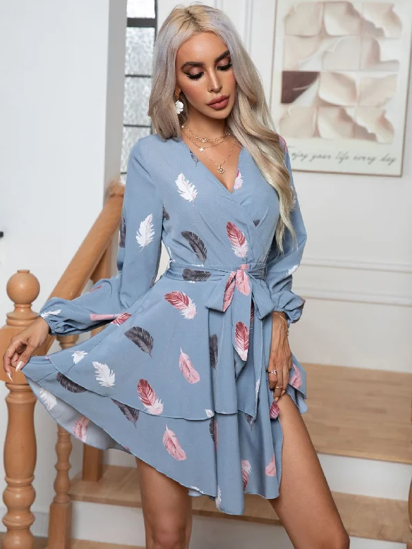 Feather Printed Ruffled V-neck Dress A-line floral dresses