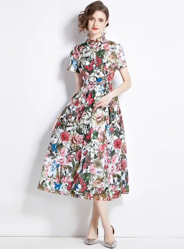 Ink Printed Butterfly Short Sleeve Slim Dress Maternity floral dresses