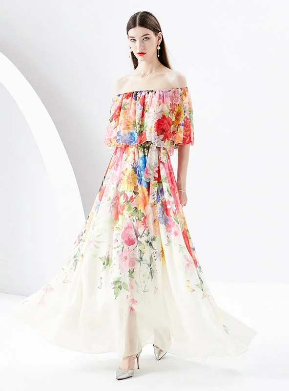 Irregular Diagonal Shoulder Chiffon Floral Dress Lightweight floral dresses for hot weather