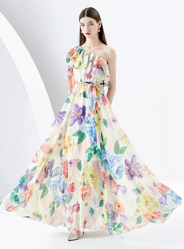 Irregular Diagonal Shoulder Chiffon Floral Dress Maternity floral dresses