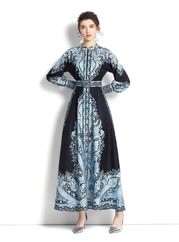 Long Sleeve Printed Dress with Belt Linen floral dresses