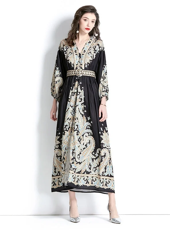 Long Sleeve V-neck Printed Long Dress Satin floral dresses