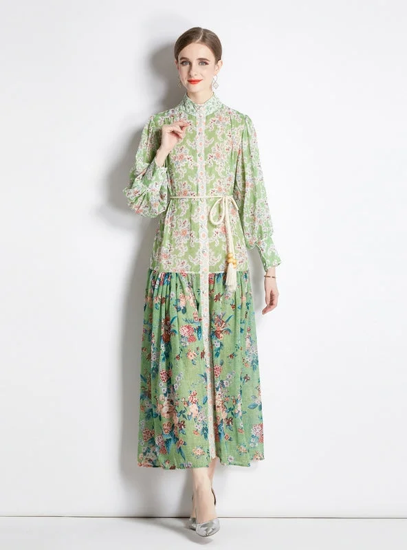 Long-sleeved Retro Lantern Sleeve Printed Dress Spring floral dresses