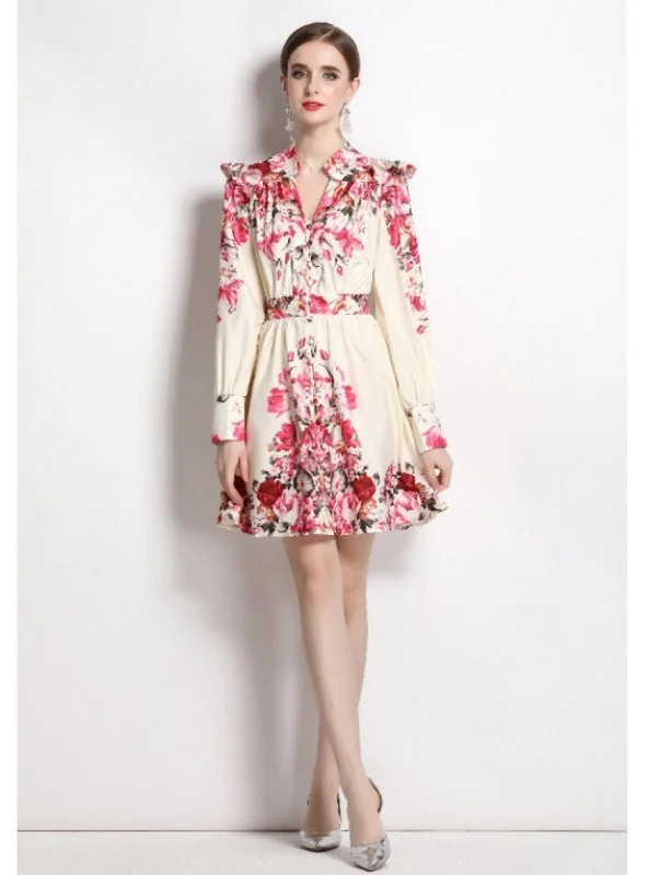 Long-sleeved Vintage Printed V-neck Dress H&M floral dresses