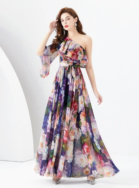 One Shoulder Chiffon Long Sleeve Print Summer Dress Best floral dresses for plus size