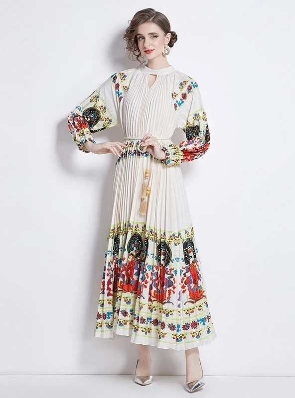 Printed Lantern Sleeve Pleated Belt Dress Floral dresses under $50