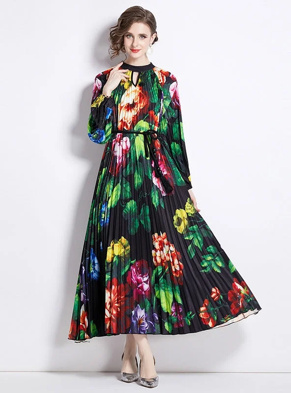 Printed Lantern Sleeve Pleated Belt Dress Comfortable floral dresses for everyday wear