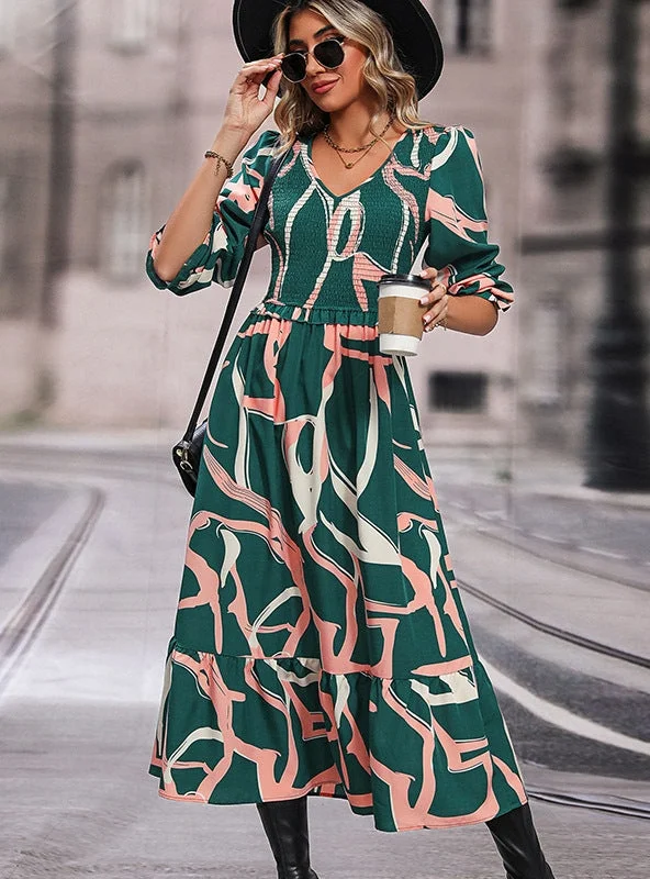 Printed Long-sleeved Pleats Dress Boho floral dresses