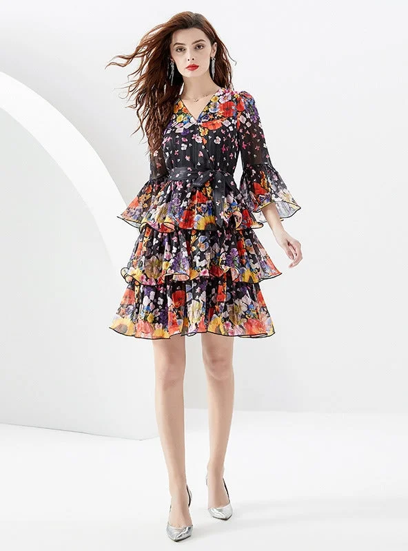 Printed Ruffled Short Flared Sleeve Dress Luxury floral dresses