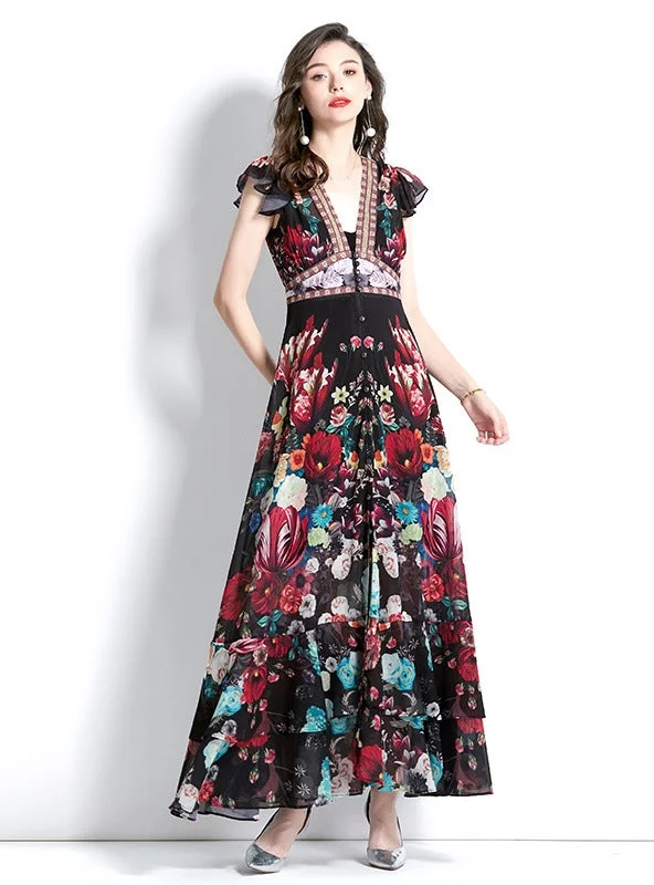 Retro Deep V-neck Printed Long Dress Cute floral print summer dresses