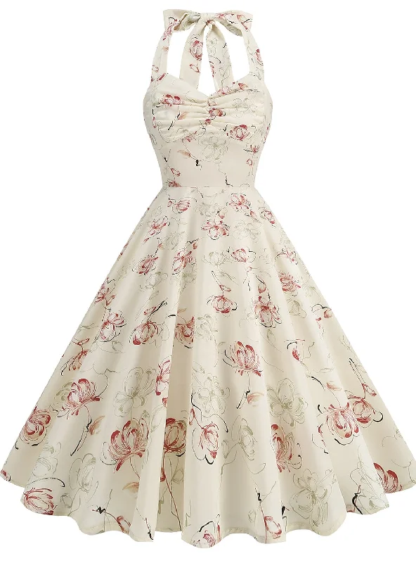 Retro Hepburn Rose Print Halter Dress Maxi floral dresses