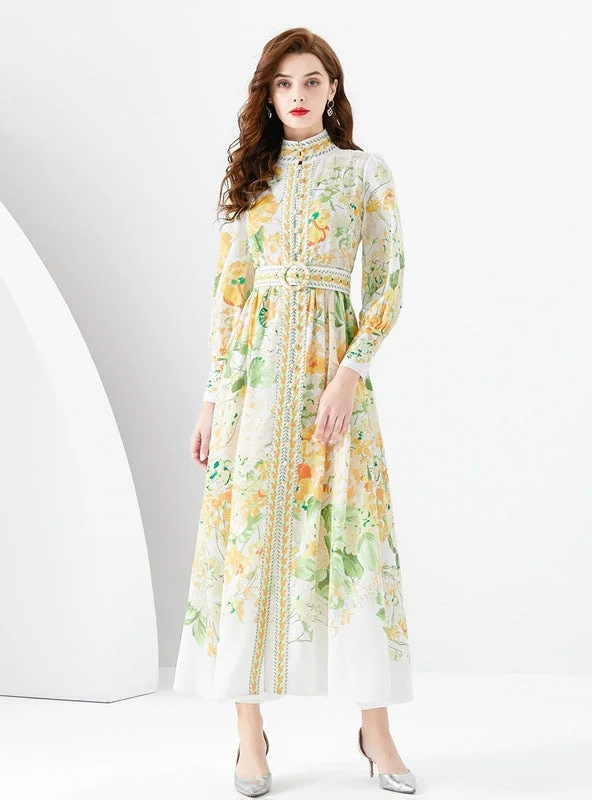 Retro Print Lantern Sleeves Dress Knitted floral dresses