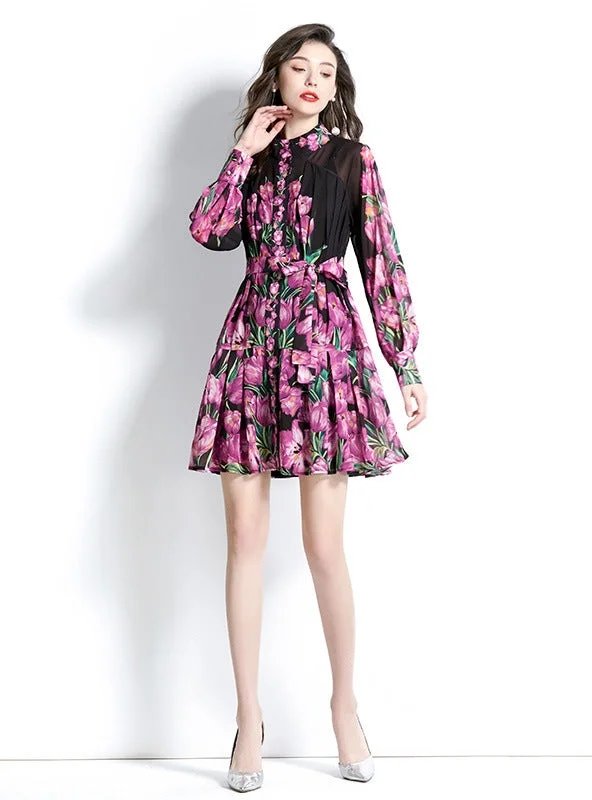 Retro Short Long Sleeve Printed Dress Versatile floral dresses for all occasions