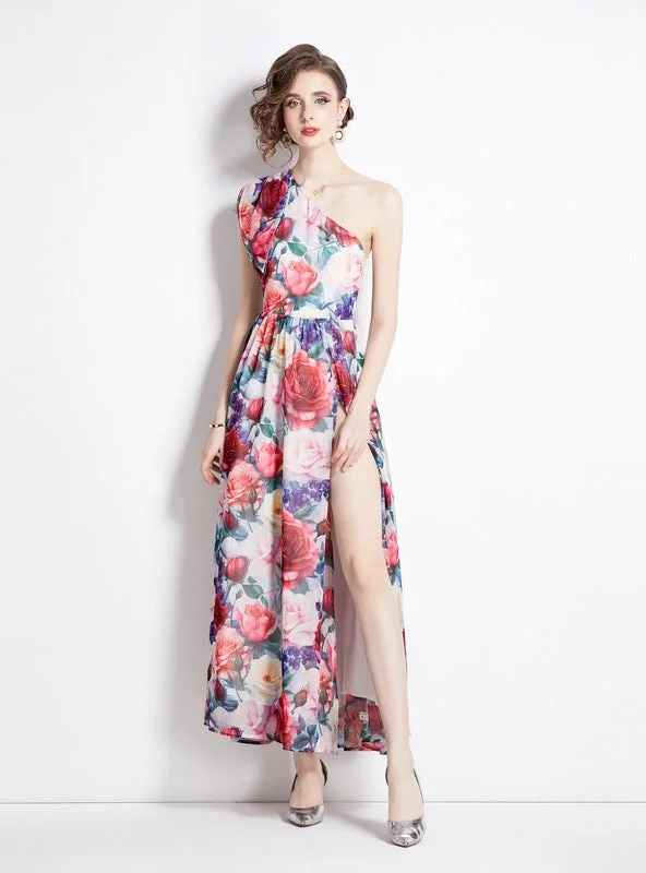 Split Long Chiffon Printed Dress Vacation floral dresses