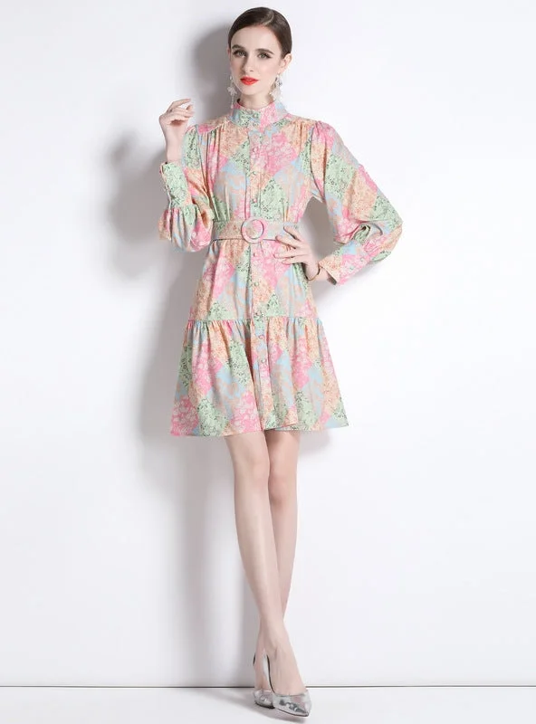 Stitching Printed Long Sleeve Slim Retro Dress Formal floral dresses