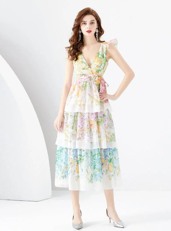 V-neck Printed Long Cake Dress Cotton floral dresses