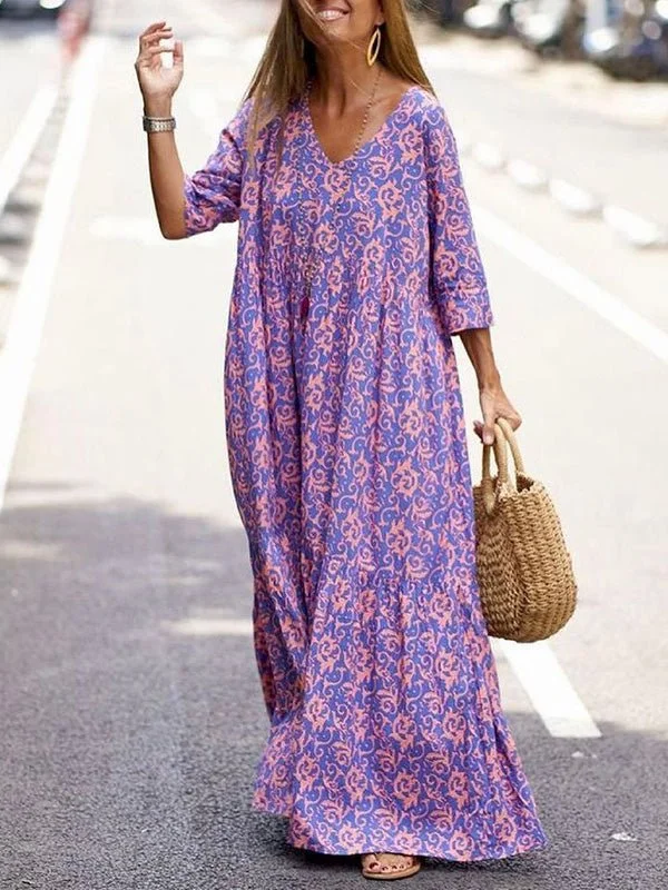 Women's Dresses Loose V-Neck 3/4 Sleeve Print Dress Beach floral dresses