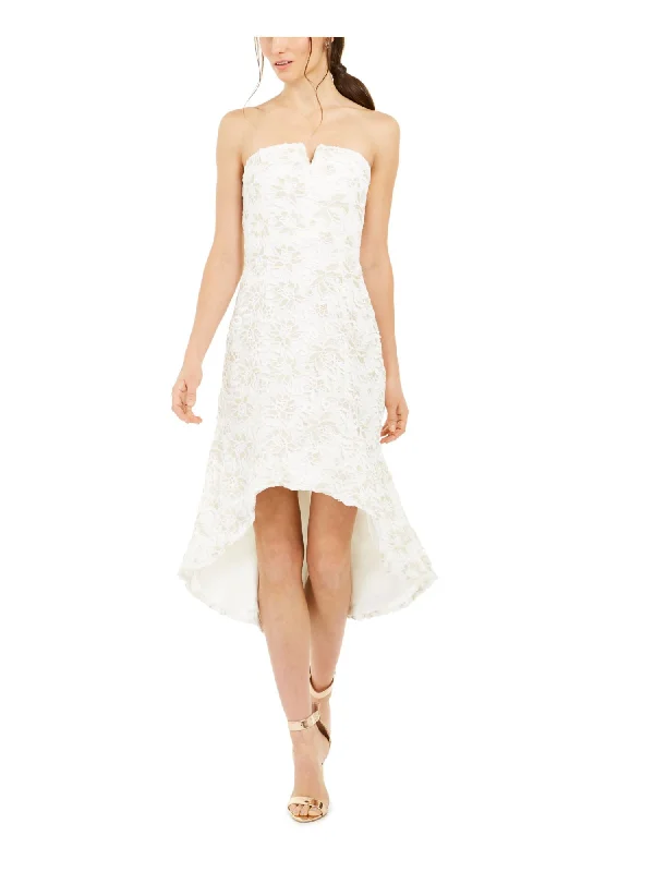 ADRIANNA PAPELL Womens White Zippered Lace Floral Strapless Below The Knee Evening Hi-Lo Dress Flowy Lace Dress